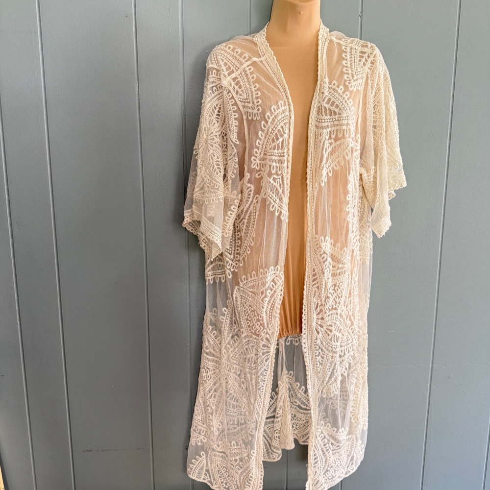 NWOT Cream‎ Lace Sheer Duster Kimono Womens Boho Cottagecore Coverup L-XL